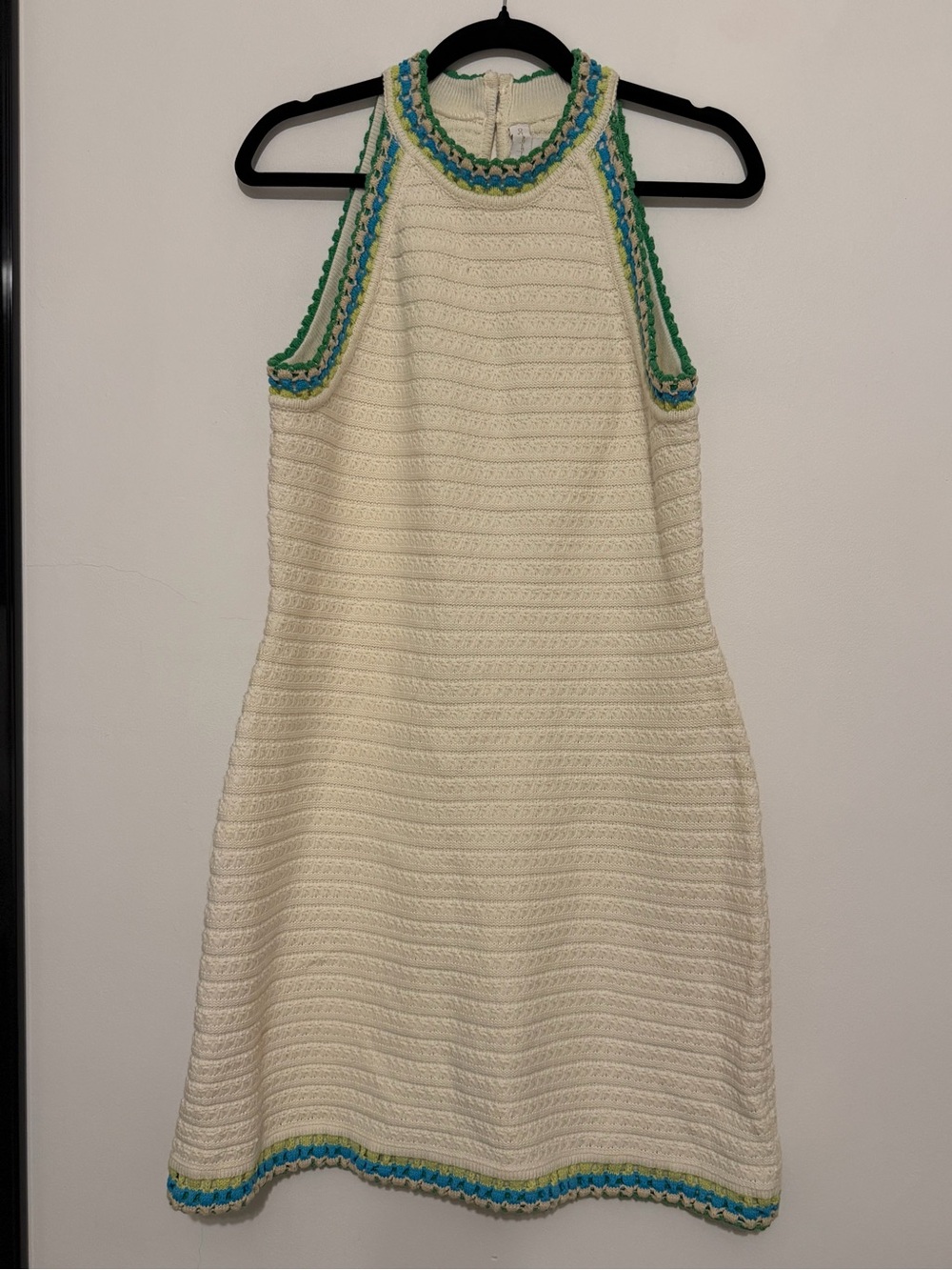 70s Chic Cream Crochet Halter Dress with Green & Blue Trim - House of Harlow L